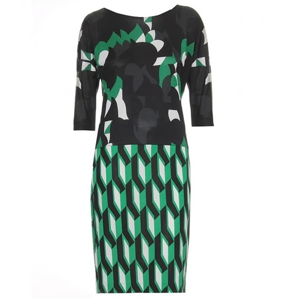 Diane Von Furstenberg • Helga dress black green silk knit sheath geometric print - Picture 2 of 12